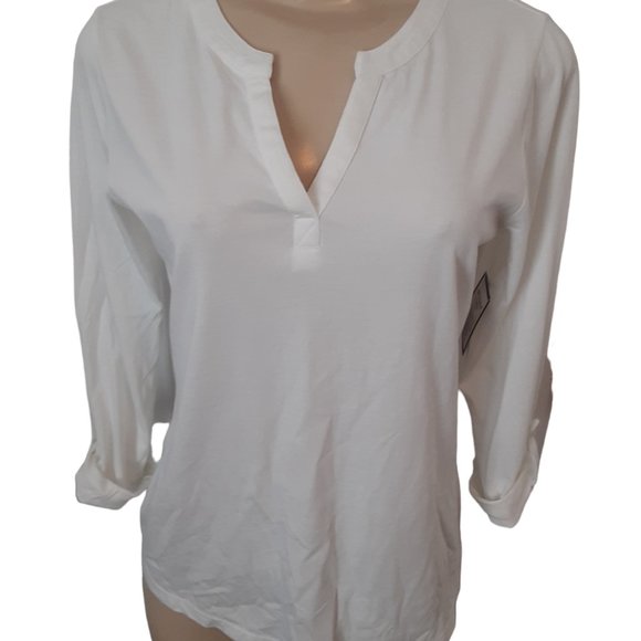 Charter Club Split Neck Bright White 100% Supima Cotton Top Roll Tab - Picture 3 of 10